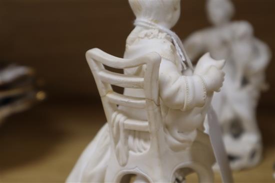 Three Derby porcelain seated groups, c.1830, 14cm - 15.5cm